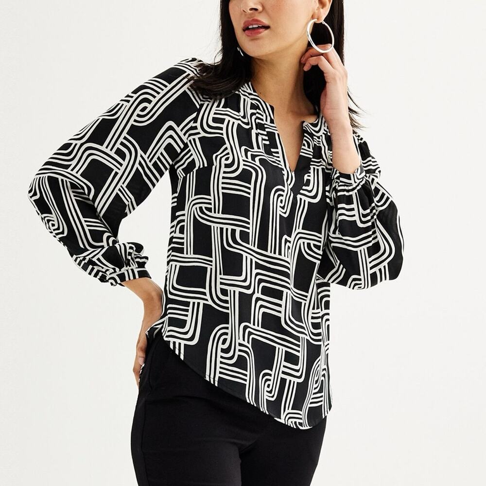 NEW Nine West Y-Neck Pintuck Blouse in Black Small Relinks Pattern - Size XXL